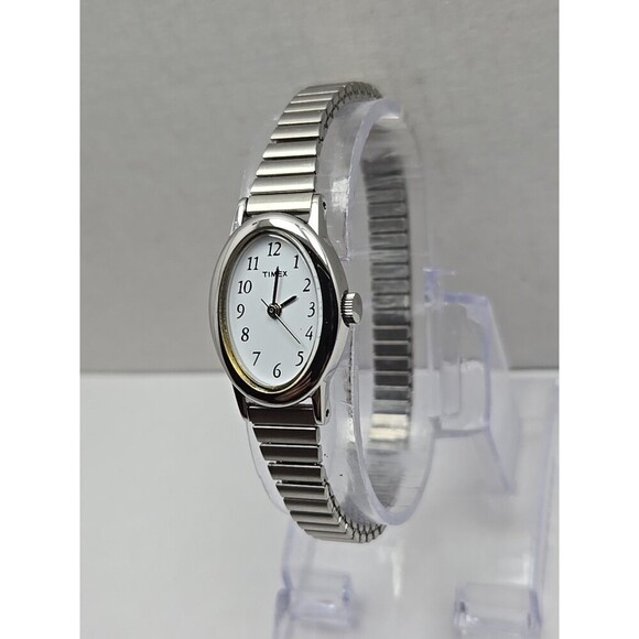Timex Cavatina Silver Tone Oval Womens Quartz Watch Stretch Band New Battery - Picture 2 of 11